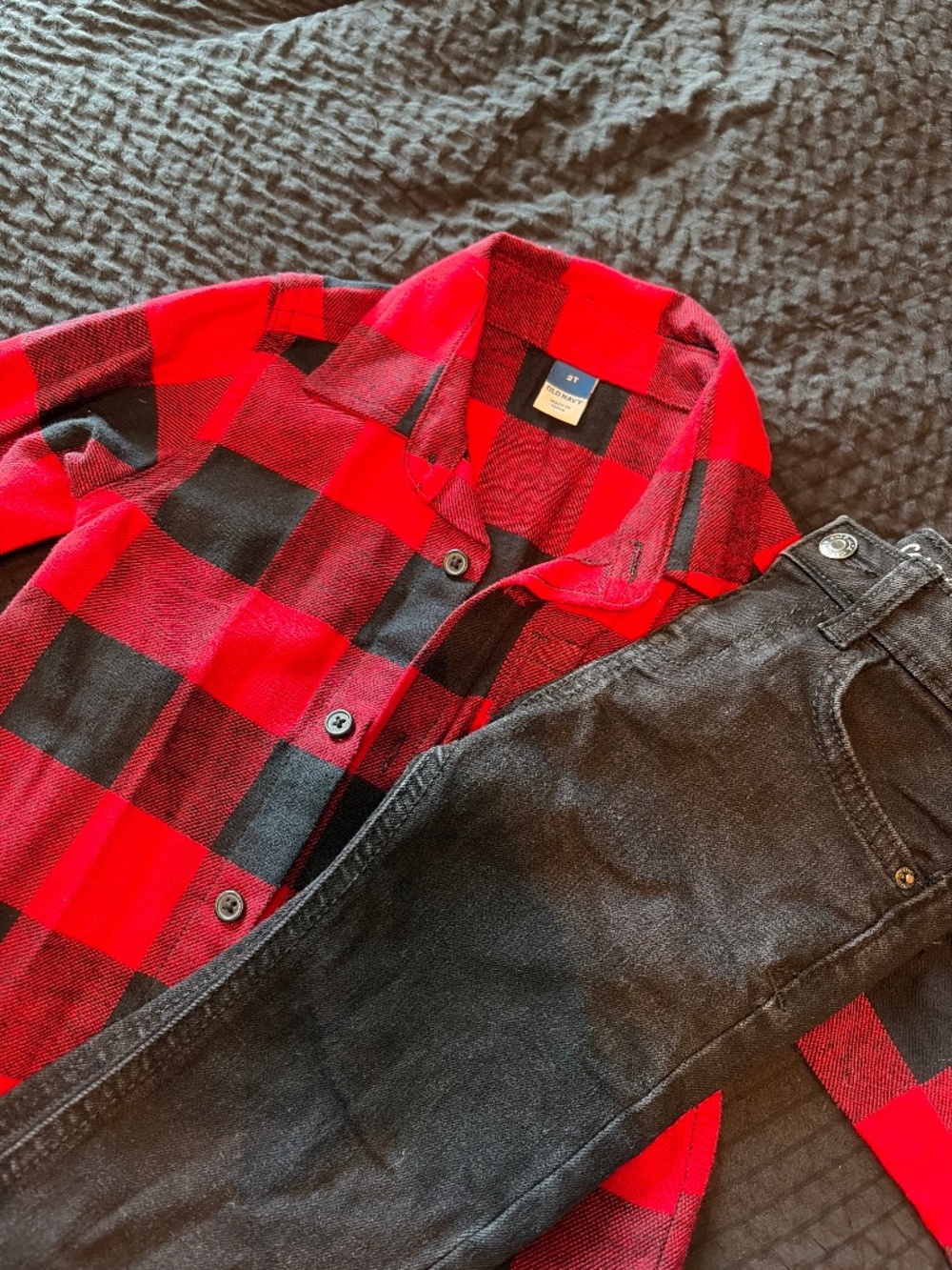 Toddler boy plaid button down and black jeans